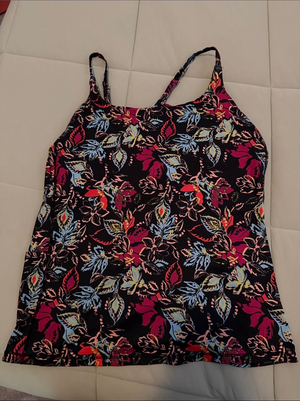 #0175 Black Floral Spaghetti-Strap Camisole with Multicolor Leaf Print